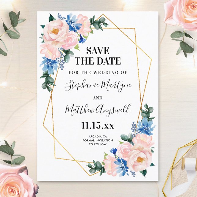 Dusty Blue Blush Pink Geometric Floral Wedding Save The Date (Creator Uploaded)