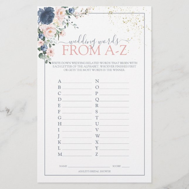 Dusty Blue Blush Pink Gold Bridal Shower Game (Front)