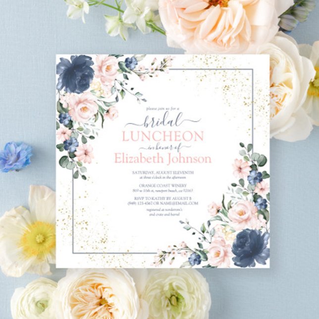 Dusty Blue Blush Pink Gold Floral Bridal Luncheon Invitation (Creator Uploaded)