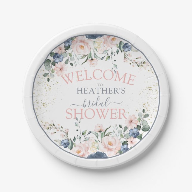 Dusty Blue Blush Pink Gold Floral Bridal Shower Paper Plate (Front)