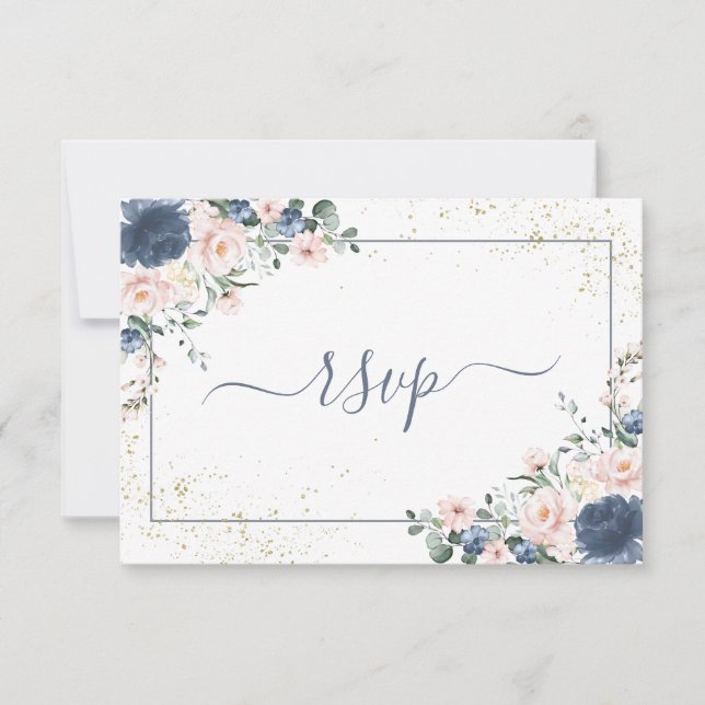 Dusty Blue Blush Pink Gold Floral No Menu RSVP (Front)