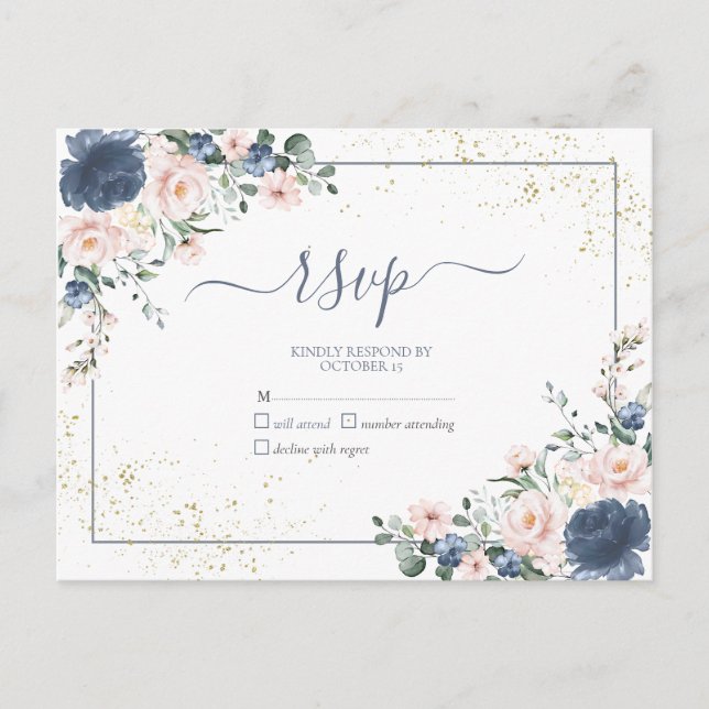 Dusty Blue Blush Pink Gold Floral No Menu RSVP (Front)