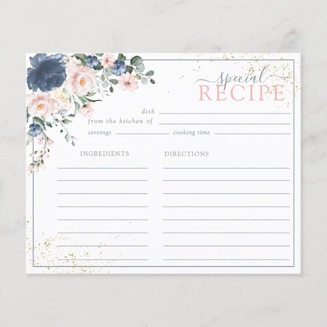 Dusty Blue Blush Pink Gold Floral Recipe Card (Front)