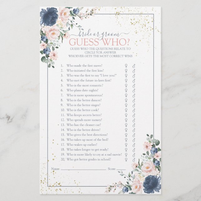 Dusty Blue Blush Pink Gold Floral Shower Game (Front)