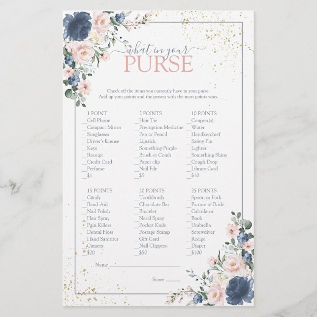 Dusty Blue Blush Pink Gold Floral Shower Game (Front)