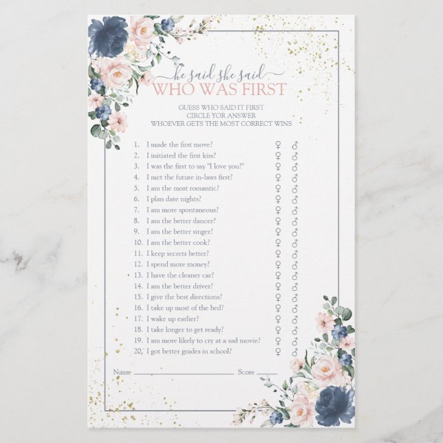 Dusty Blue Blush Pink Gold Floral Shower Game (Front)