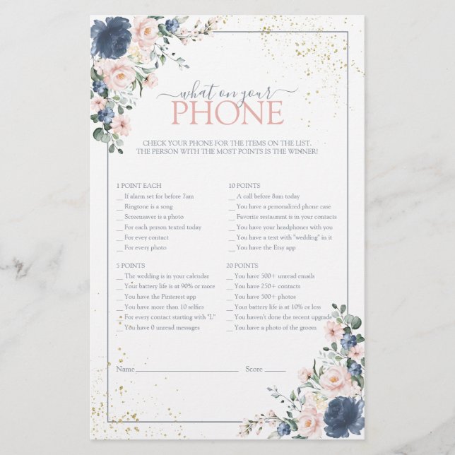 Dusty Blue Blush Pink Gold Floral Shower Game (Front)