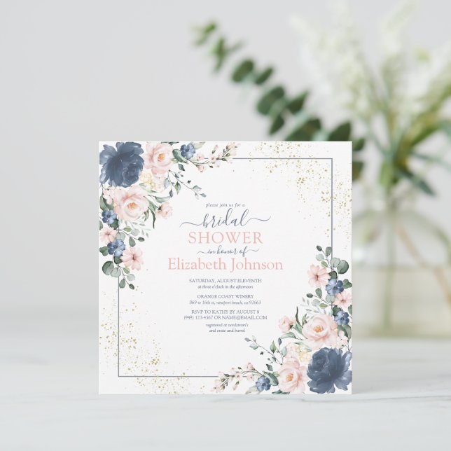 Dusty Blue Blush Pink Gold Floral Square Shower Invitation (Standing Front)