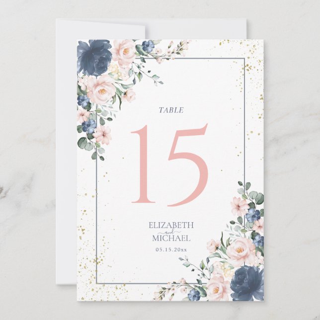 Dusty Blue Blush Pink Gold Floral Table Number (Front)