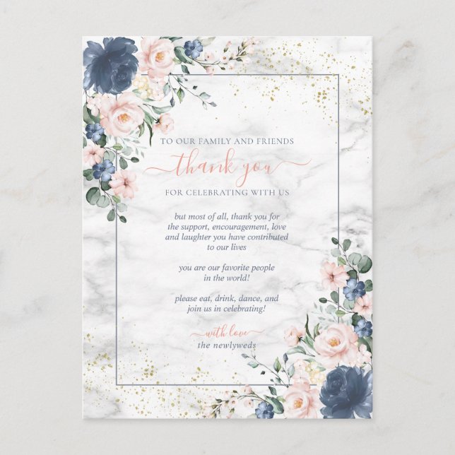 Dusty Blue Blush Pink Gold Floral Wedding Thanks Postcard (Front)