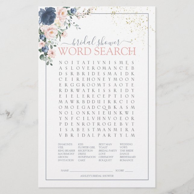 Dusty Blue Blush Pink Gold Word Search Game (Front)