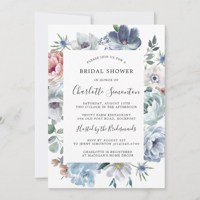 Dusty Blue Blush Pink Peach Floral Bridal Shower Invitation (Front)
