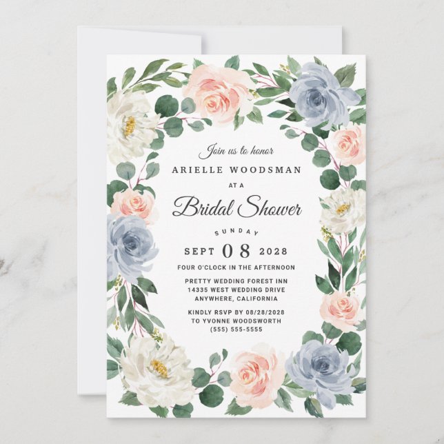 Dusty Blue Blush Pink Peach Floral Bridal Shower Invitation (Front)