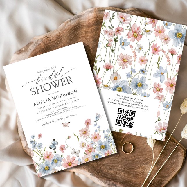Dusty Blue Blush Pink QR Code Garden Bridal Shower Invitation (Creator Uploaded)