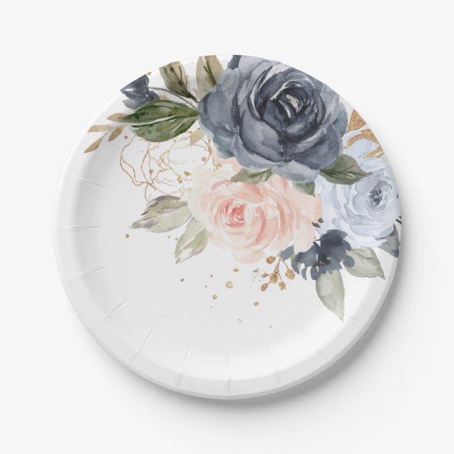 Dusty Blue Blush Pink Rose Botanical Wedding Paper Plate (Front)