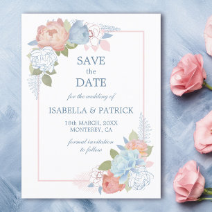 Dusty Blue Blush Pink Rose Floral Save the Date Invitation