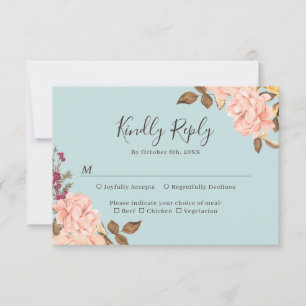 Dusty Blue Blush Pink Watercolor Floral Wedding RSVP Card