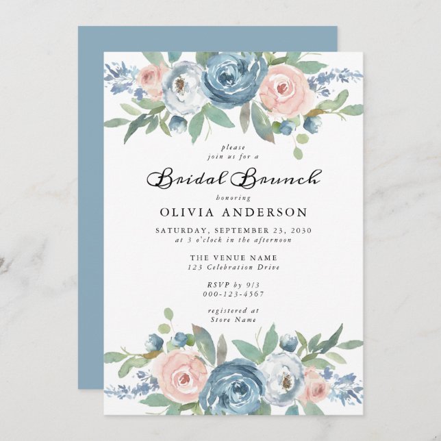 Dusty Blue & Blush Rose Floral Bridal Brunch Invitation (Front/Back)
