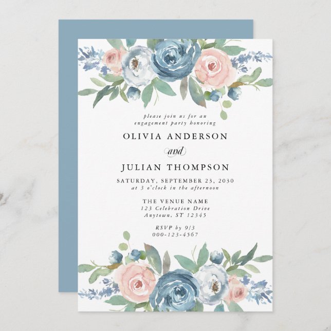 Dusty Blue & Blush Rose Floral Engagement Party Invitation (Front/Back)