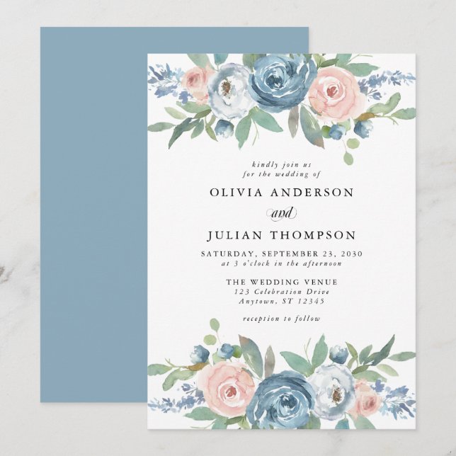 Dusty Blue & Blush Rose Floral Watercolor Wedding Invitation (Front/Back)