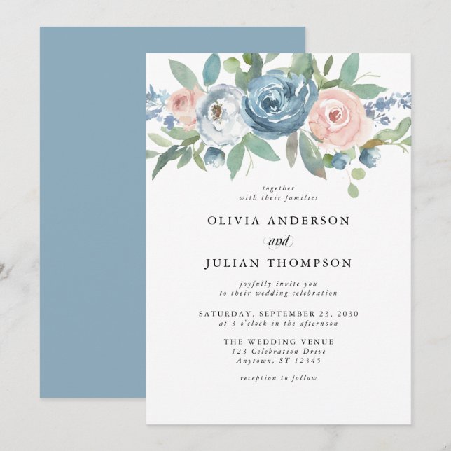 Dusty Blue & Blush Rose Floral Watercolor Wedding Invitation (Front/Back)