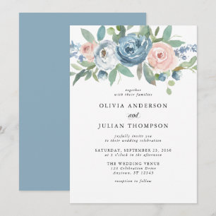 Dusty Blue & Blush Rose Floral Watercolor Wedding Invitation
