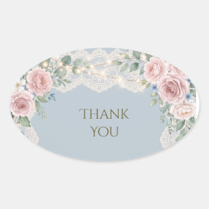 Dusty Blue Blush Rose Lace Wedding Thank You Oval Sticker