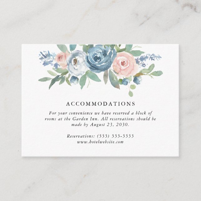 Dusty Blue & Blush Rose Wedding Accommodations Enclosure Card (Front)