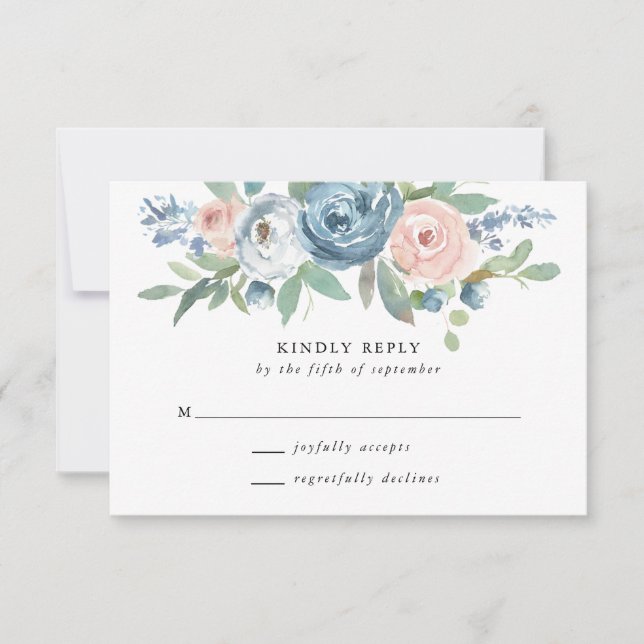 Dusty Blue & Blush Rose Wedding RSVP Card (Front)
