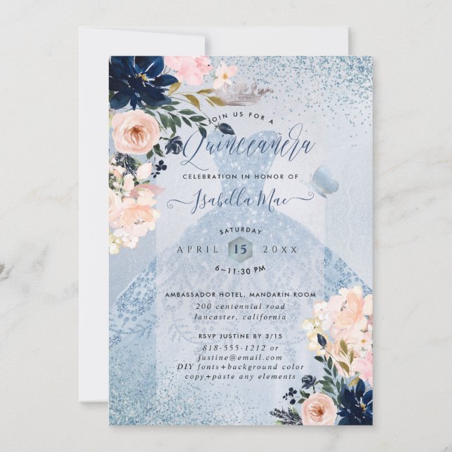 Dusty Blue+Blush Roses Glitter Gown Quinceanera Invitation (Back)