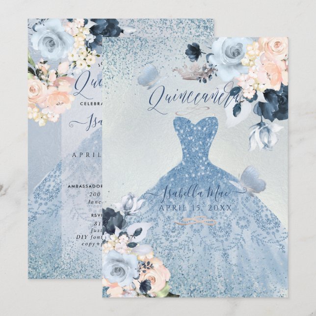 Dusty Blue+Blush Roses Glitter Gown Quinceanera Invitation (Front/Back)