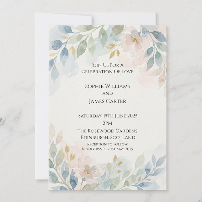 Dusty Blue & Blush Side Floral Invitation (Front)