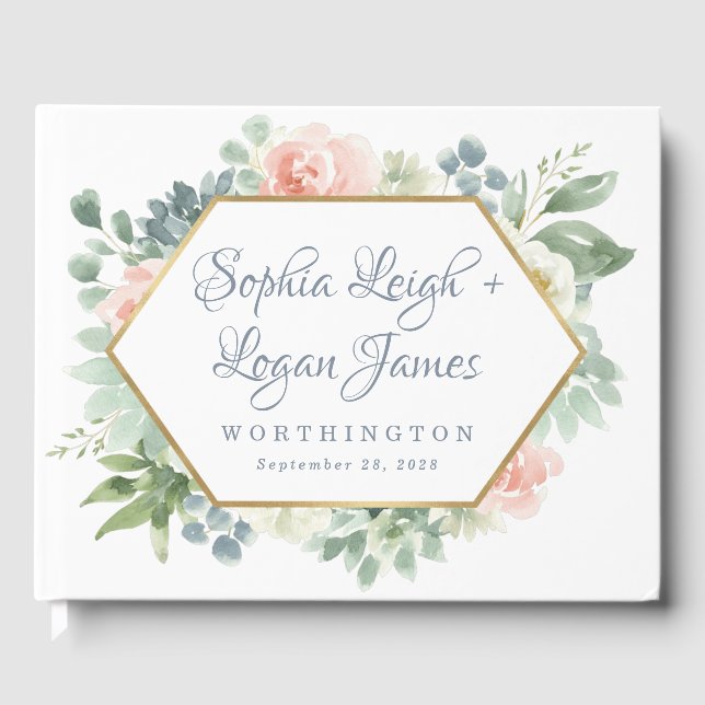 Dusty Blue Blush Succulent Floral Garden Wedding Guest Book (Front)