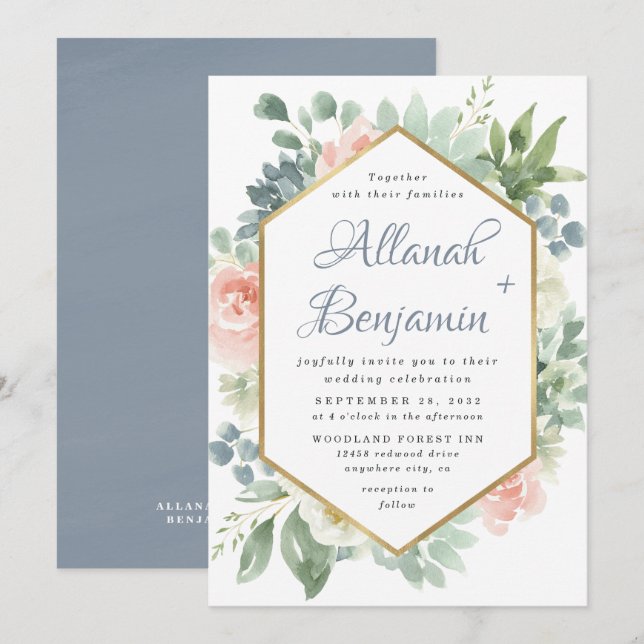 Dusty Blue Blush Succulent Floral Garden Wedding Invitation (Front/Back)