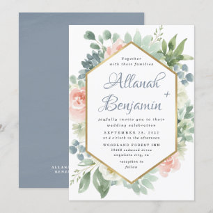 Dusty Blue Blush Succulent Floral Garden Wedding Invitation