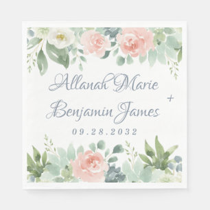 Dusty Blue Blush Succulent Floral Garden Wedding Napkin