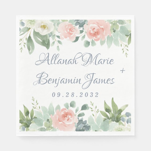 Dusty Blue Blush Succulent Floral Garden Wedding Napkin (Front)
