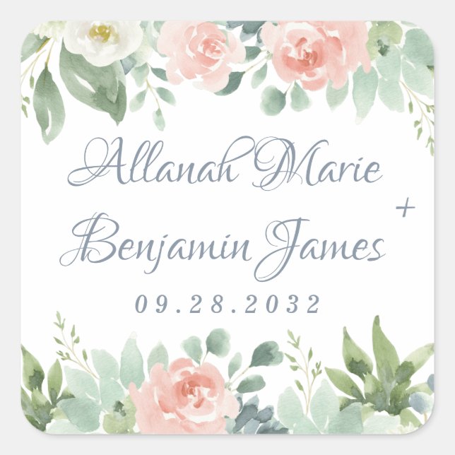 Dusty Blue Blush Succulent Floral Garden Wedding Square Sticker (Front)