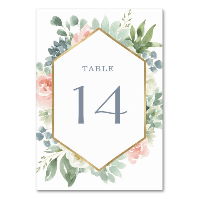 Dusty Blue Blush Succulent Floral Garden Wedding Table Number (Front)