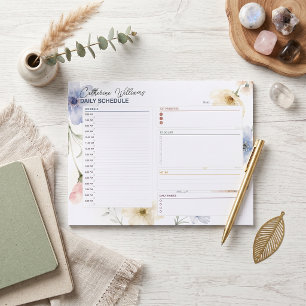 Dusty Blue Blush Watercolor Floral Daily Schedule Notepad