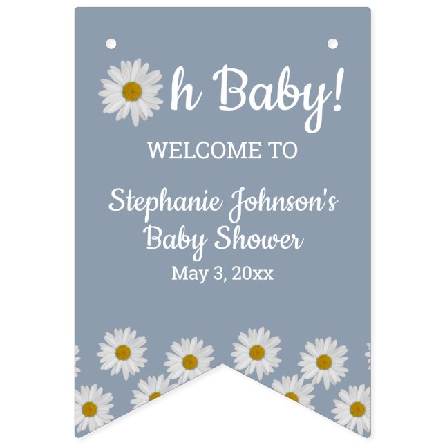 Dusty Blue Bohemian Daisies Oh Baby Baby Shower    Bunting (First Flag)