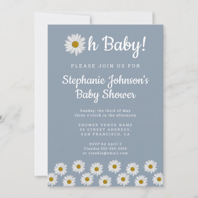 Dusty Blue Bohemian Daisies Oh Baby Baby Shower  Invitation (Front)