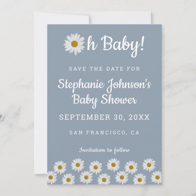 Dusty Blue Bohemian Daisies Oh Baby Baby Shower   Save The Date (Front)
