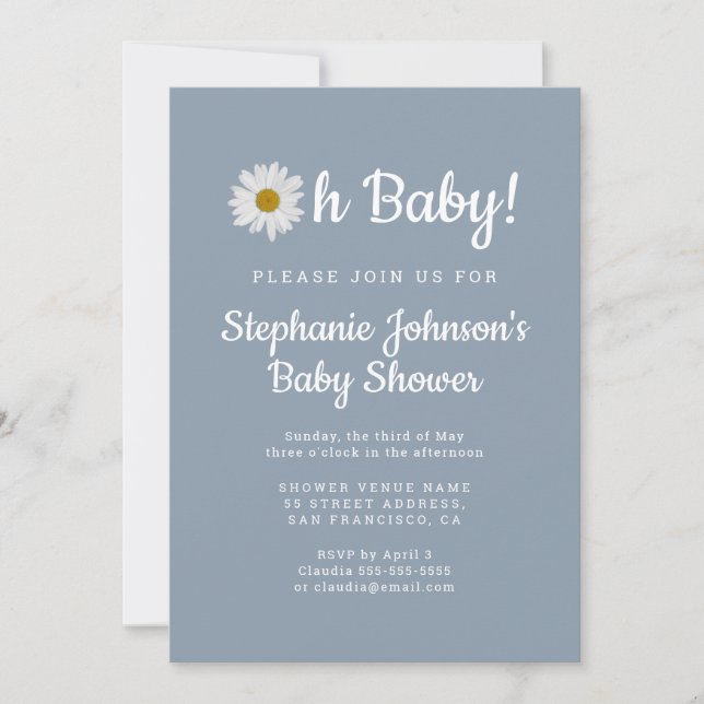 Dusty Blue Bohemian Daisy Oh Baby Baby Shower   Invitation (Front)
