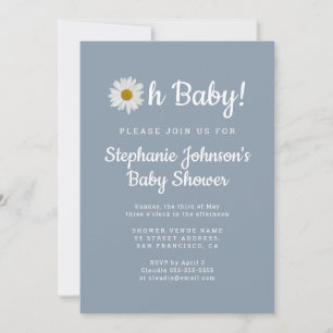 Dusty Blue Bohemian Daisy Oh Baby Baby Shower Invitation
