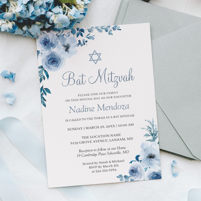 Dusty Blue Bohemian Floral Bat Mitzvah Invitation (Creator Uploaded)