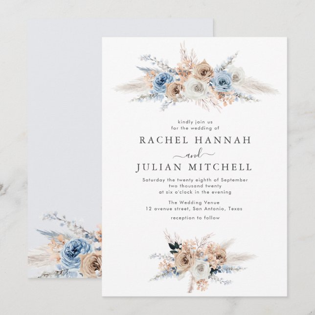 dusty blue bohemian floral wedding invitation (Front/Back)