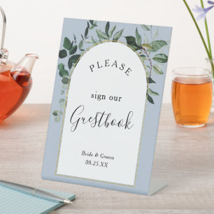 Dusty Blue boho arch Botanic Greenery guestbook Pedestal Sign