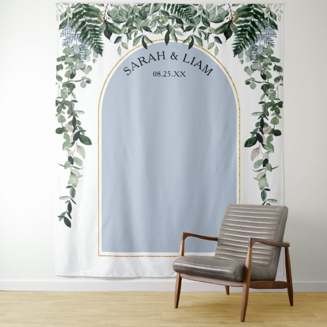 Dusty Blue Boho Arch Botanic wedding backdrop Tapestry (In Situ)