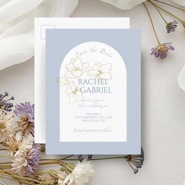 Dusty Blue | Boho Arch Gold Floral Wedding  Postcard (Creator Uploaded)